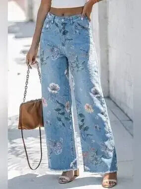 Floral Print Wide-Leg Jeans